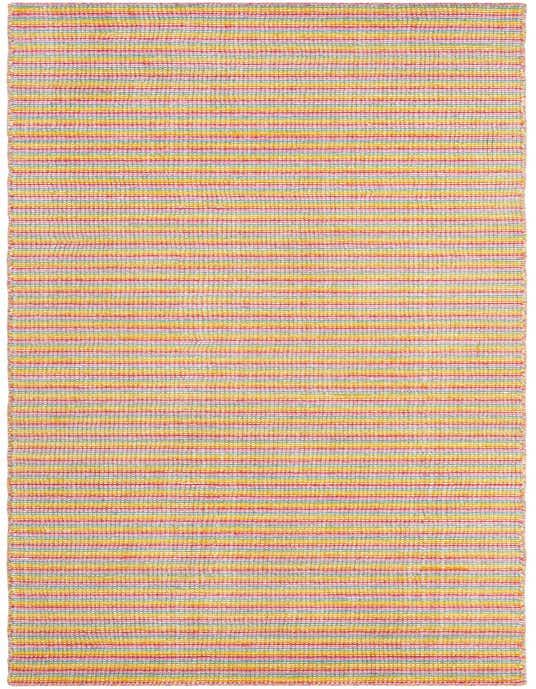 A 10 ft runner rug with horizontal stripes in various bright colors including yellow, pink, and light blue, suitable for a hallway.