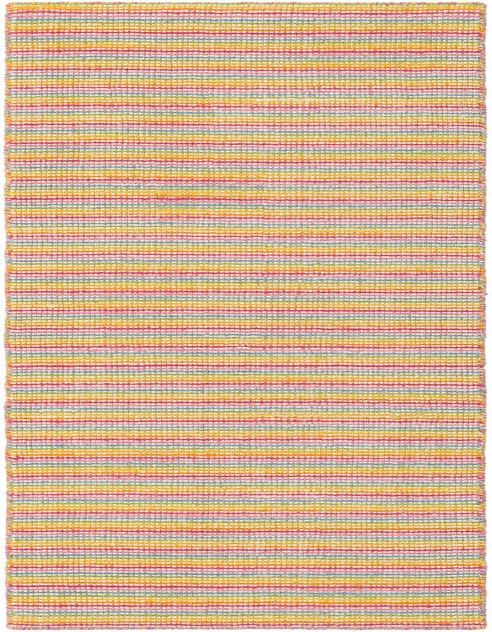 A multi-colored 6 ft runner rug with horizontal stripes in pink, yellow, blue, and orange, perfect for a hallway.