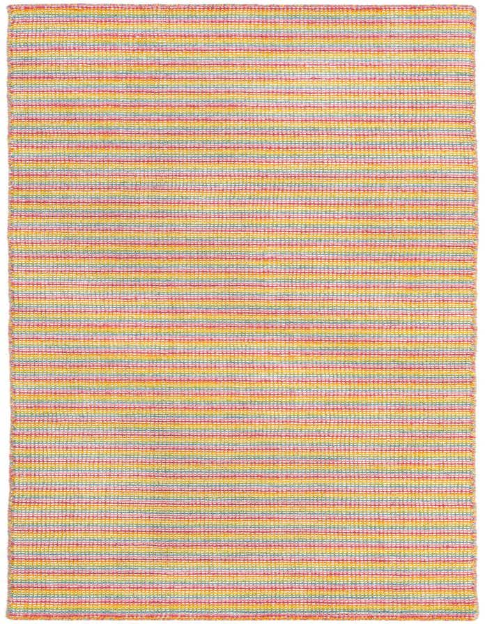 A vibrant 8 ft runner rug with horizontal stripes in multi-colored wool, perfect for a hallway or kitchen.