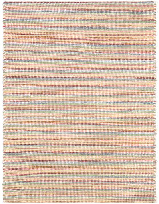 A 10 ft runner rug featuring a multi-colored stripe pattern with hues of red, blue, green, and yellow, perfect for a hallway.