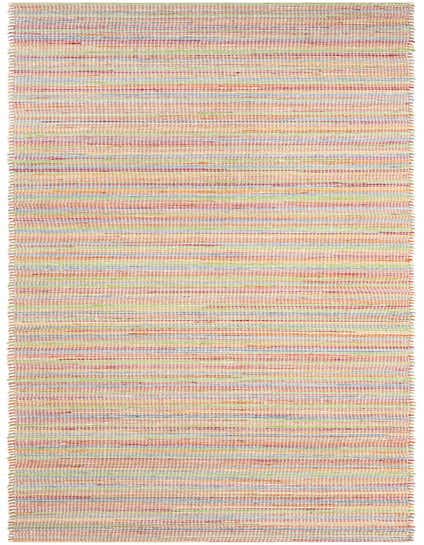 A 13 ft multi-colored runner rug with horizontal stripes of red, green, blue, and orange, ideal for a hallway.