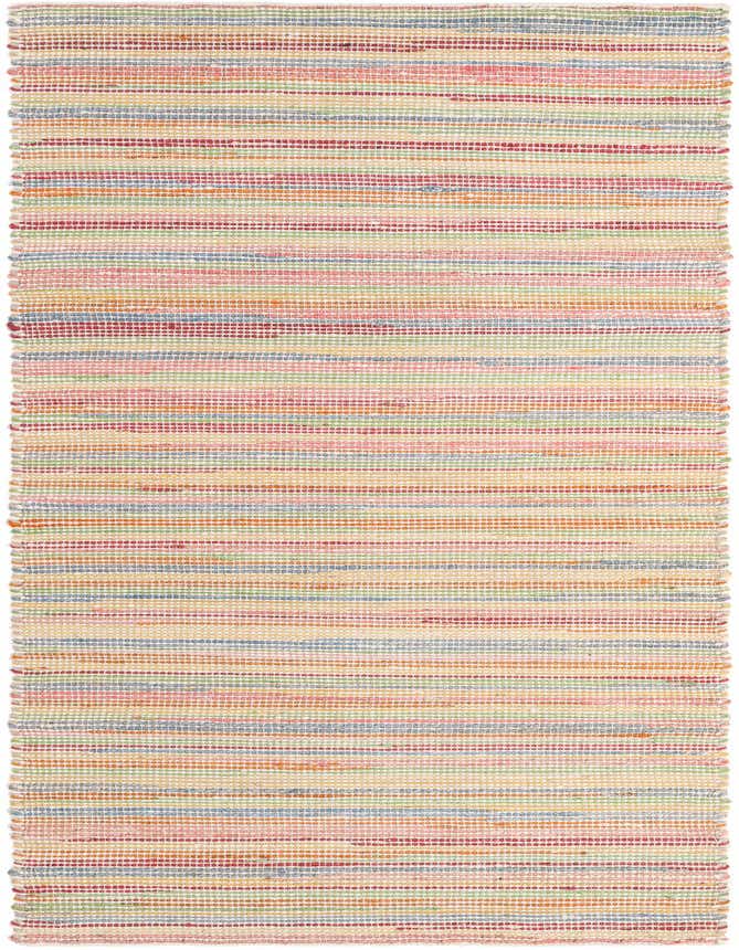 A colorful modern 8 ft runner rug with horizontal stripes in various shades of pink, blue, green, and orange.