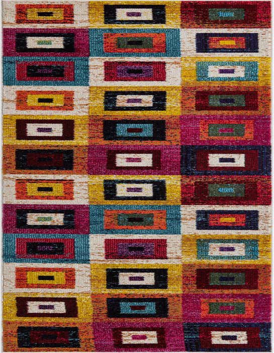 A 10 ft runner rug with a vibrant multi-colored geometric pattern of concentric squares, ideal for a hallway.