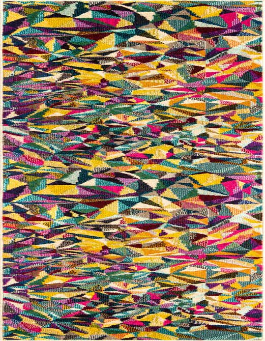 A vibrant 10 ft runner rug with a multi-colored abstract geometric pattern, featuring shades of yellow, pink, teal, and purple, ideal for a hallway.