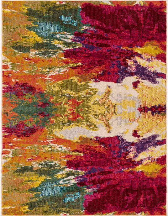 A vibrant multi-colored runner rug with an abstract botanical pattern in shades of red, orange, yellow, green, and blue.