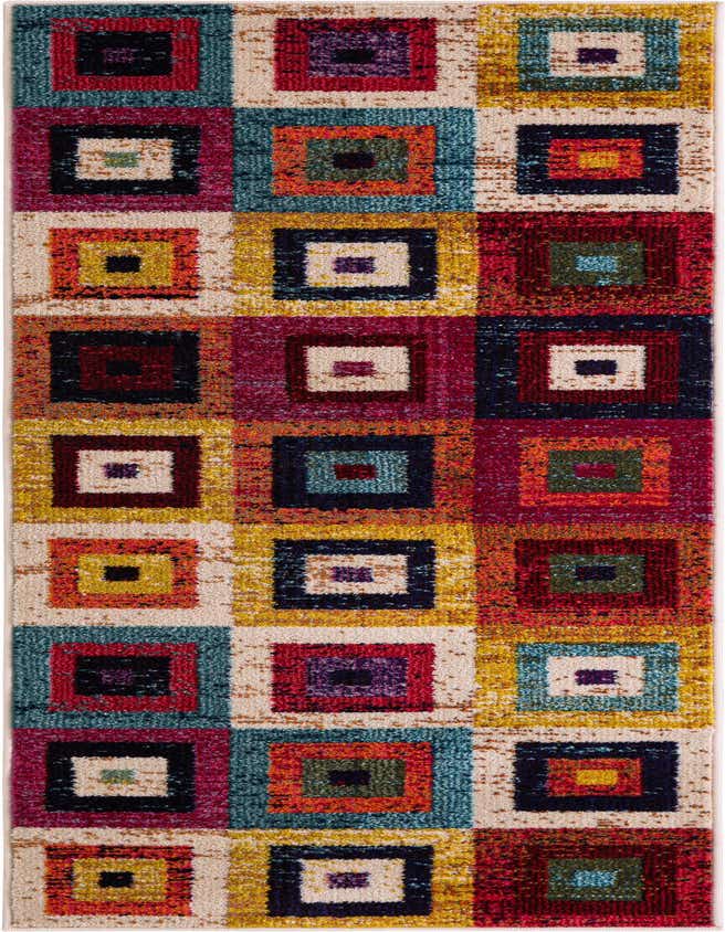 A 7 ft runner rug with a vibrant multi-colored geometric pattern of concentric squares, ideal for a hallway.