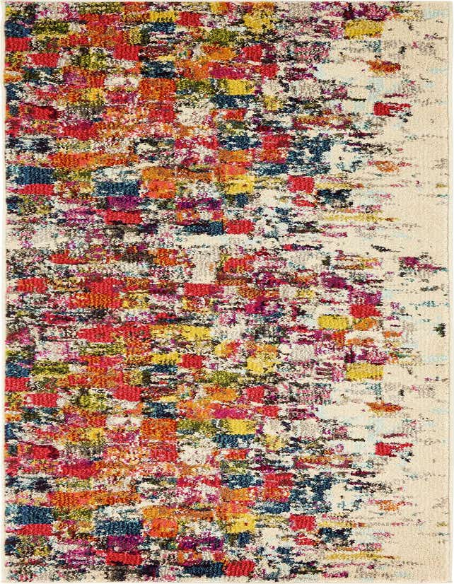 A 7 ft runner rug in a hallway featuring a vibrant, multi-colored abstract pattern with red, yellow, blue, and pink squares fading into a cream background.