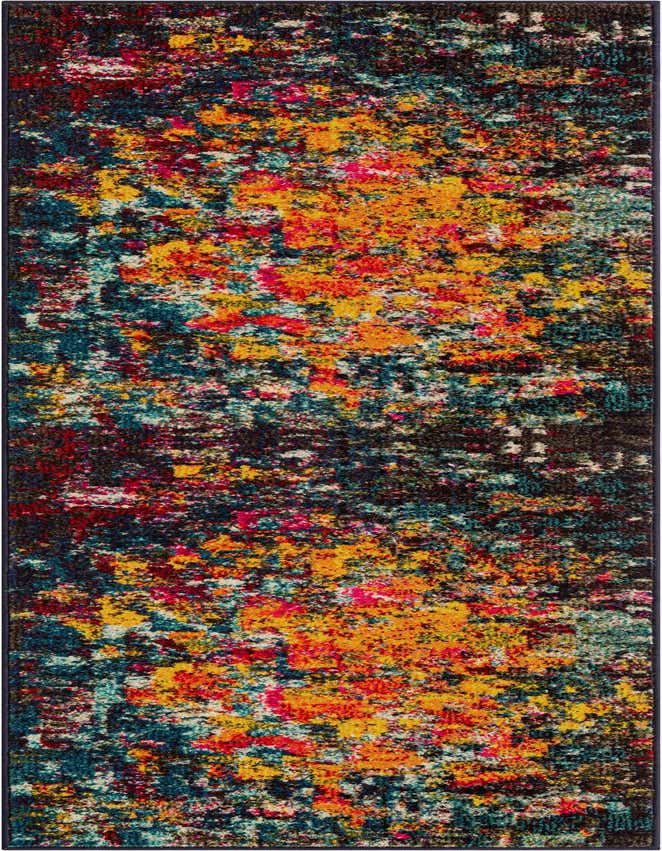 A 7 ft runner rug in a vibrant, multi-colored abstract pattern with hues of yellow, orange, red, blue, and dark tones, ideal for a hallway.