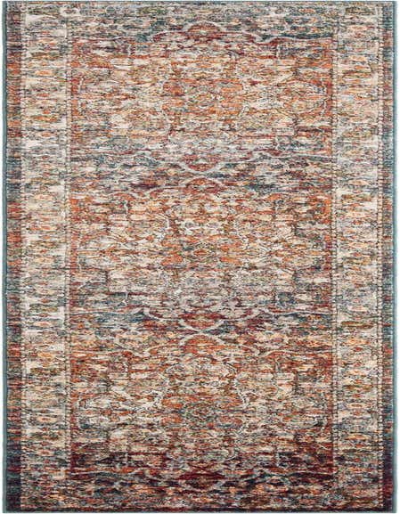 A 12 ft multi-colored runner rug with a distressed traditional medallion pattern in shades of rust, blue, and cream.
