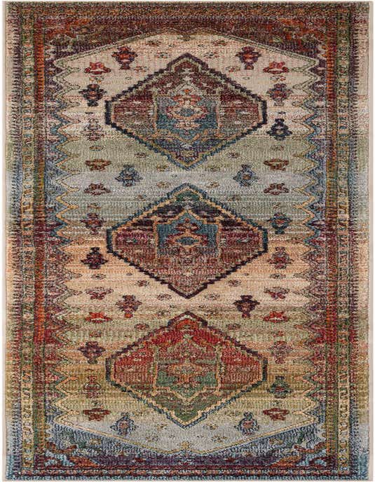 A 10 ft runner rug with a multi-colored traditional Oriental medallion pattern, featuring shades of red, blue, green, and beige.