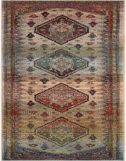 A 13 ft multi-colored runner rug with traditional Oriental medallion patterns in shades of red, green, blue, and beige, perfect for a hallway.