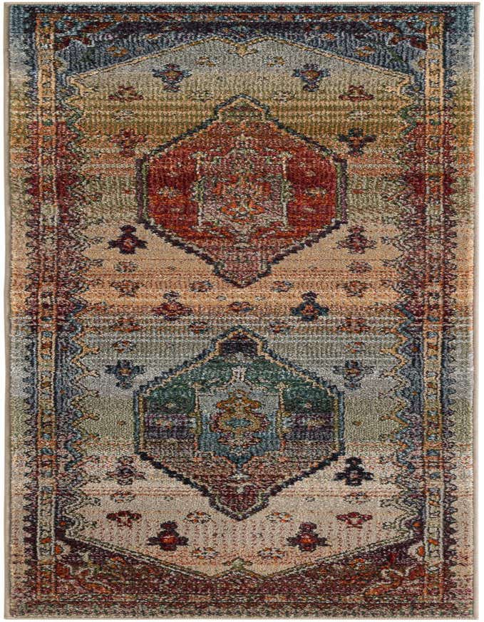 A 6 ft multi-colored runner rug with a distressed traditional pattern featuring red, blue, and green medallions on a beige and brown background.