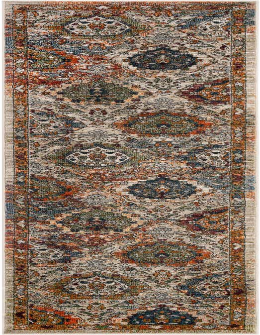 A 10 ft multi-colored runner rug featuring a distressed traditional Oriental pattern with shades of orange, blue, green, and cream, ideal for a hallway.