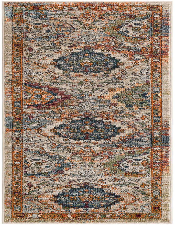A 6 ft multi-colored runner rug with an intricate distressed pattern, featuring shades of blue, orange, green, and red on a light beige background, perfect for a hallway.