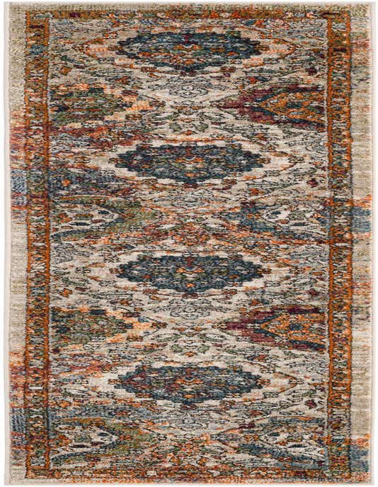 A multi-colored 8 ft runner rug with a traditional medallion and floral pattern in shades of blue, orange, green, and red on a light background, perfect for a hallway.