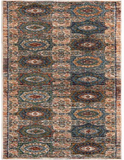 A 13 ft multi-colored runner rug with an ornate, distressed medallion pattern in shades of blue, orange, and cream.