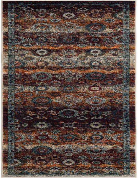 A multi-colored 10 ft runner rug with an ornate, distressed pattern in shades of rust, blue, and cream, ideal for a hallway.