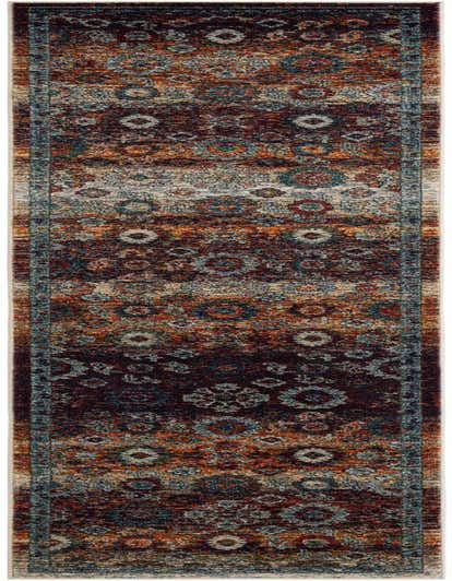 A 13 ft multi-colored runner rug with a distressed traditional pattern, featuring shades of rust, blue, and cream, ideal for a hallway.