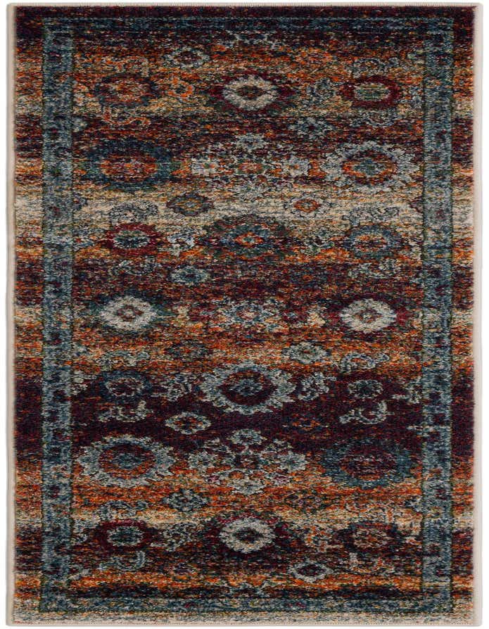 A 6 ft multi-colored runner rug with a distressed traditional pattern, featuring shades of red, orange, blue, and cream, ideal for a hallway.