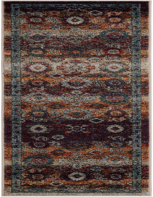 A multi-colored 8 ft runner rug with a distressed traditional pattern in shades of orange, red, and blue, ideal for a hallway.