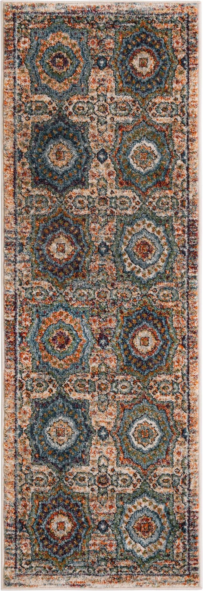 A 6 ft multi-colored runner rug with a distressed medallion pattern in blues, oranges, and creams, ideal for a hallway.