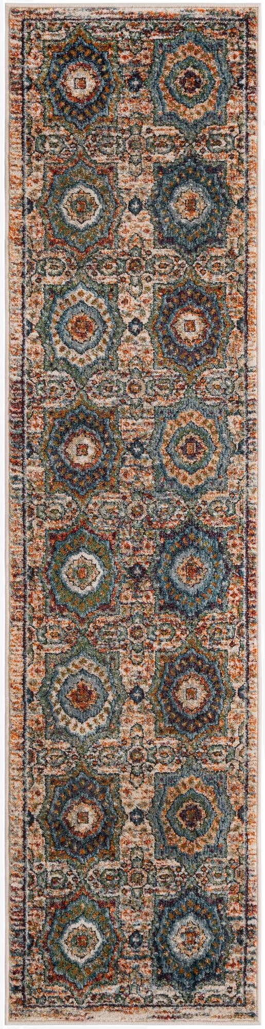 A multi-colored 8 ft runner rug with a distressed traditional medallion pattern in blues, oranges, and creams.