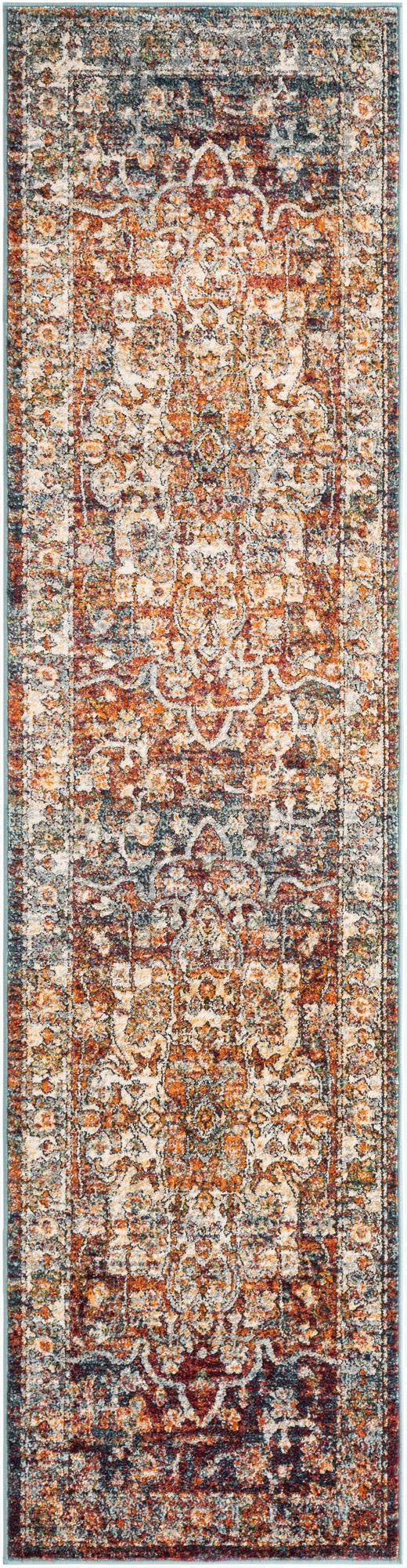 A 10 ft runner rug featuring a distressed traditional medallion pattern in multi-colored hues of rust, orange, blue, and cream, ideal for a hallway.