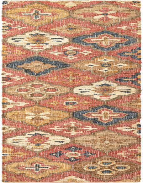 A multi-colored 12 ft runner rug with a modern geometric pattern in red, blue, and natural jute tones.