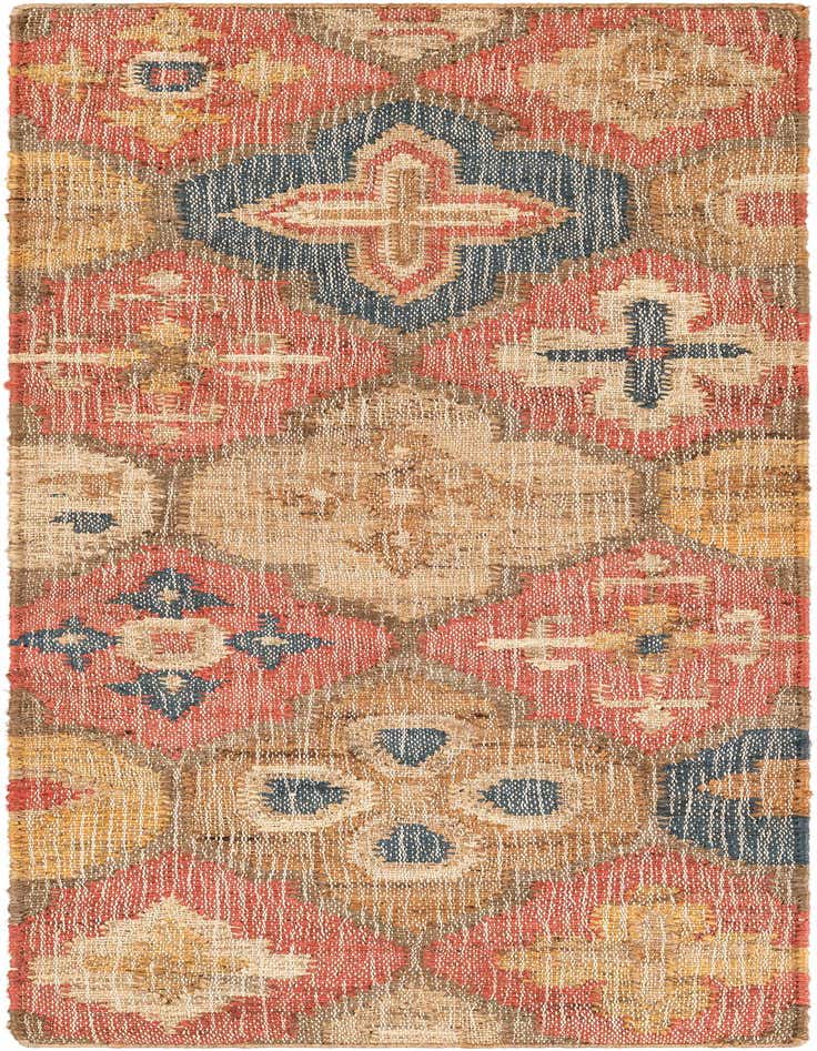 A 6 ft multi-colored runner rug with a modern geometric pattern made from cotton and jute, ideal for a hallway.