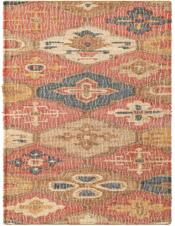 A multi-colored 8 ft runner rug featuring a modern abstract pattern in red, blue, and natural jute tones.
