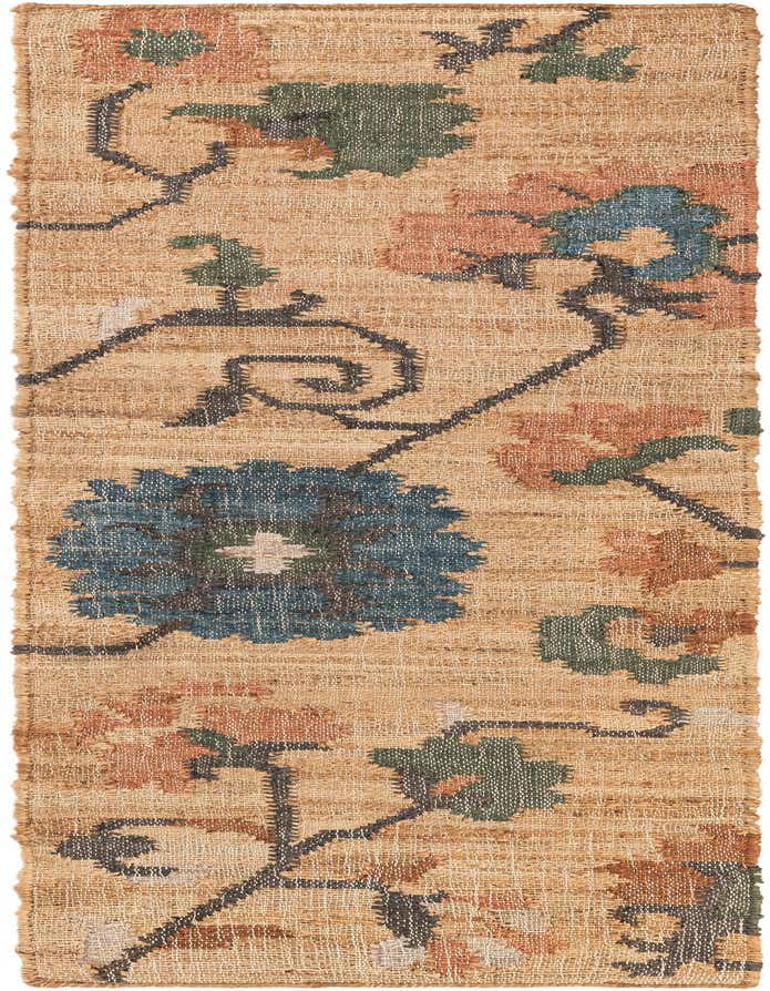 A 6 ft runner rug with a natural jute background and a modern floral pattern in blue, green, and rust.
