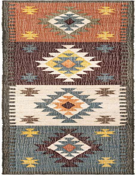 A 12 ft runner rug with a modern, multi-colored geometric pattern in shades of orange, blue, brown, yellow, and cream, ideal for a hallway.