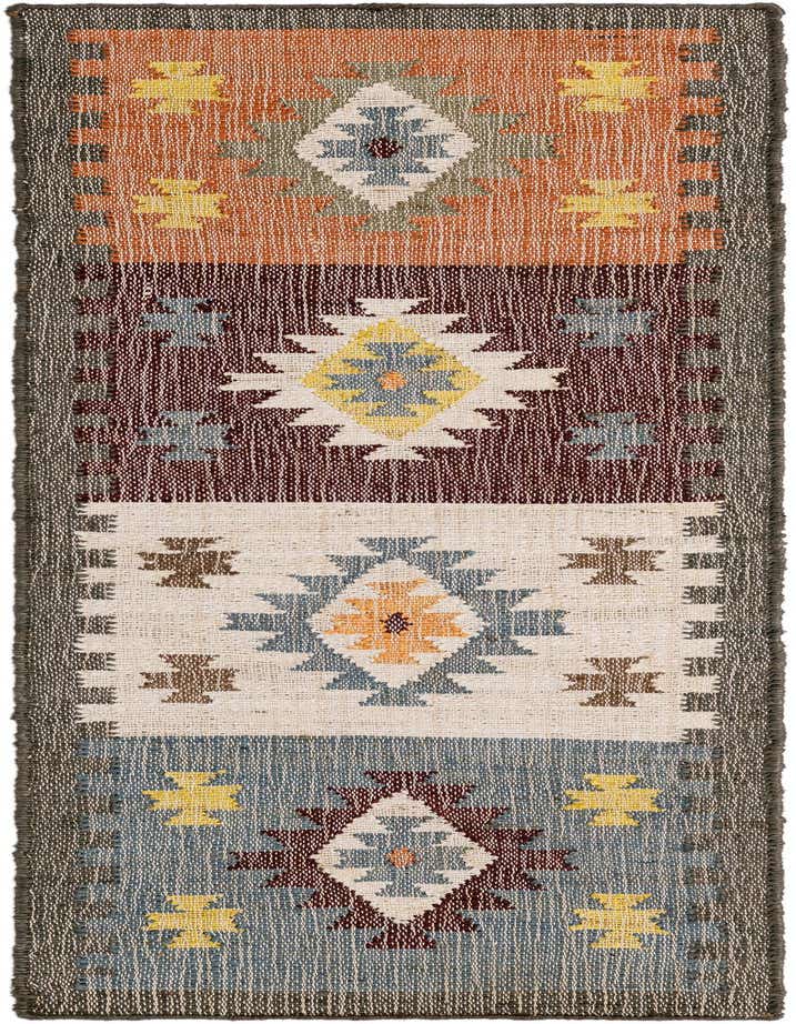 A 6 ft multi-colored runner rug with a modern geometric pattern, featuring blocks of orange, maroon, cream, and blue with diamond and cross motifs.