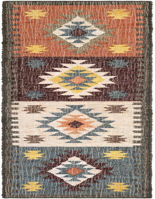 A long, narrow multi-colored runner rug with a modern geometric pattern, ideal for a hallway or kitchen.