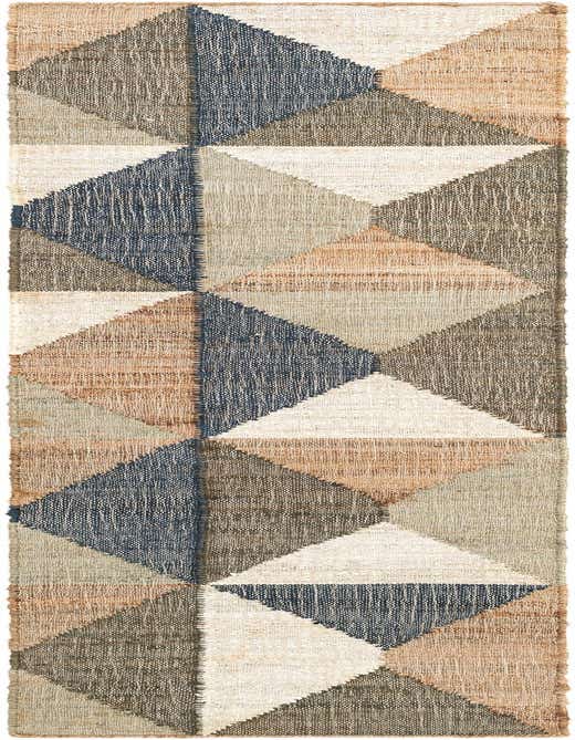 A multi-colored 8 ft runner rug with a modern geometric pattern made of jute and cotton, ideal for a hallway or kitchen.