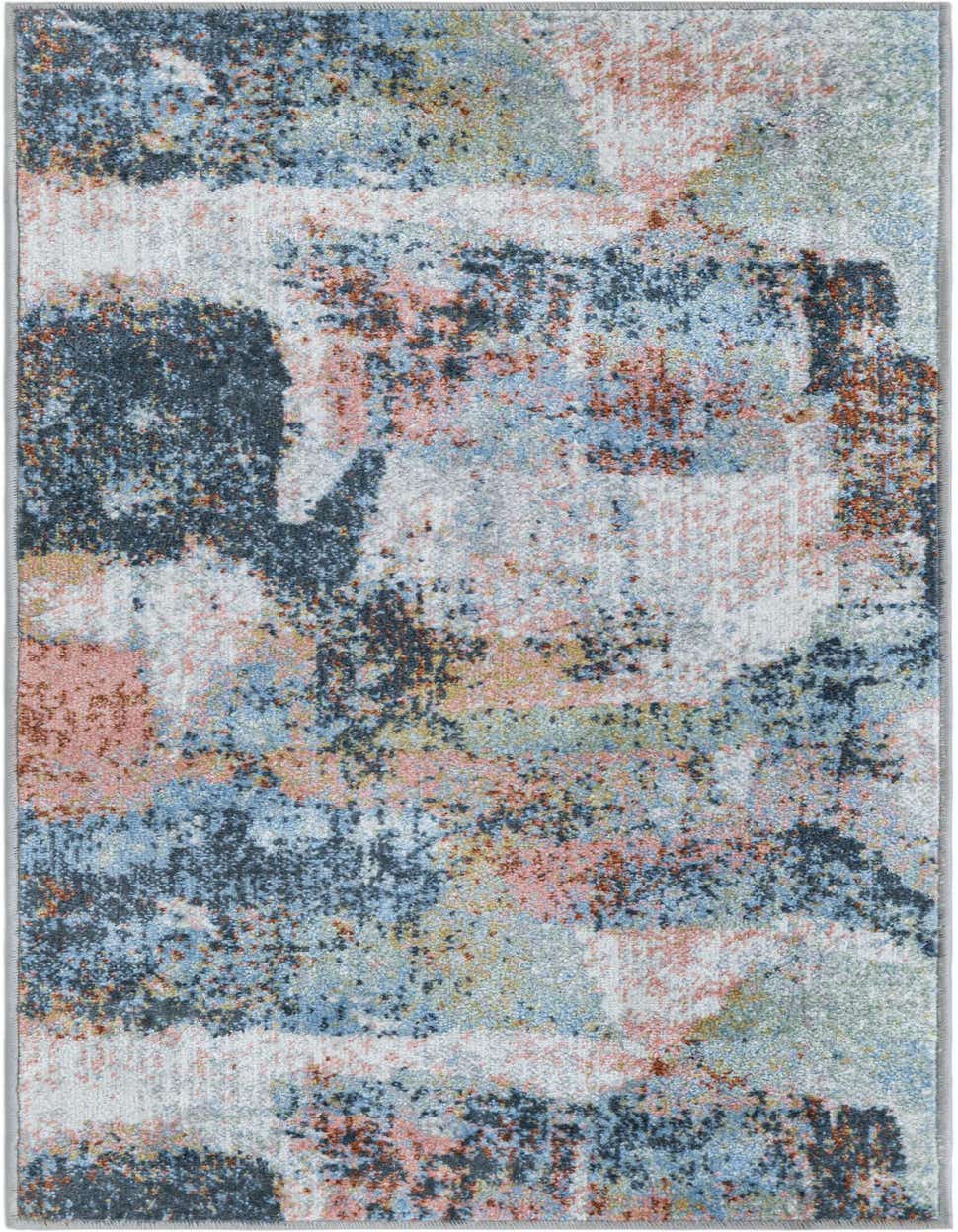 A 4 ft runner rug with a multi-colored abstract pattern featuring shades of blue, pink, grey, and hints of orange, ideal for a hallway.