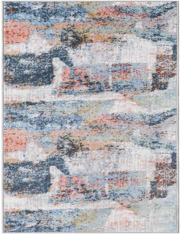 A 6 ft runner rug with an abstract, multi-colored pattern featuring shades of blue, pink, orange, and white, ideal for a hallway.