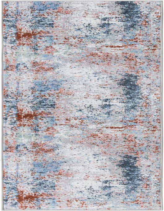 A multi-colored 8 ft runner rug with an abstract, modern pattern in shades of blue, rust, and white, ideal for a hallway.