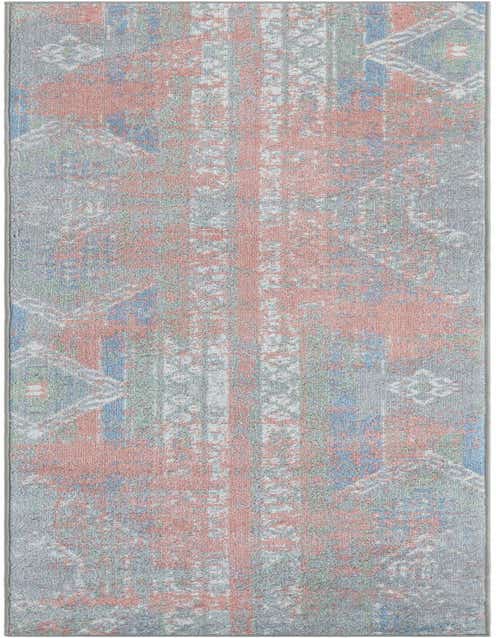 A multi-colored 8 ft runner rug with a distressed Southwestern and vintage pattern, featuring shades of peach, blue, and grey, ideal for a hallway.