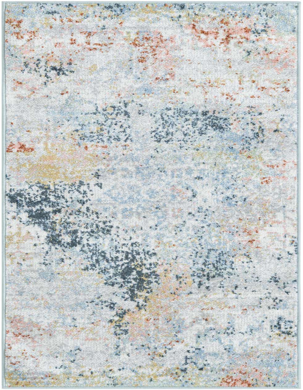 A 4 ft runner rug with a multi-colored abstract pattern in shades of blue, orange, yellow, and grey, suitable for a hallway.
