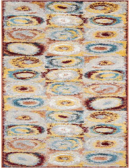 A 12 ft runner rug with a modern abstract pattern in multi-colored hues of yellow, blue, red, and orange on a light grey background.