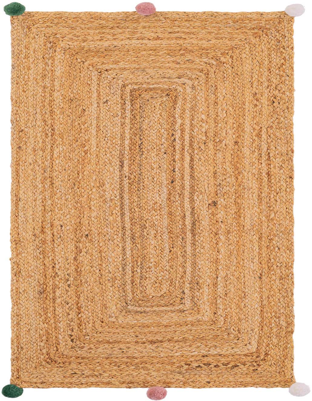 A 4 ft Multi-colored runner rug from Rugs.com Kids Braided Jute collection, featuring a natural braided jute texture with playful pom-poms in green, pink, and white at each corner, ideal for a hallway.