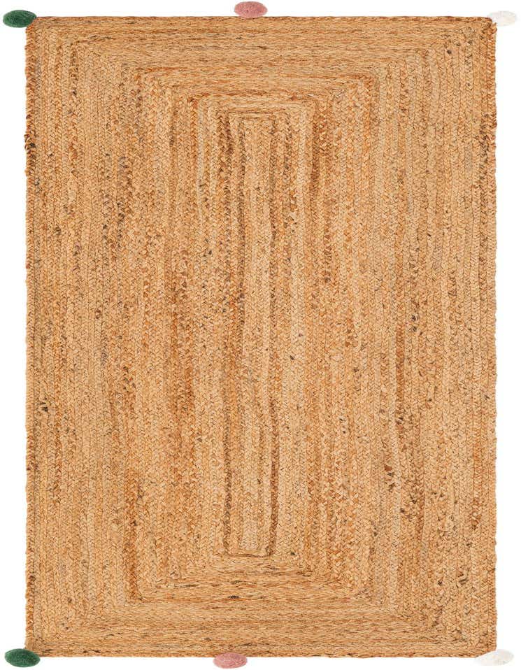 A 6 ft runner rug made of braided natural jute with a modern style. It features colorful pom-poms in green, pink, and white on each corner.