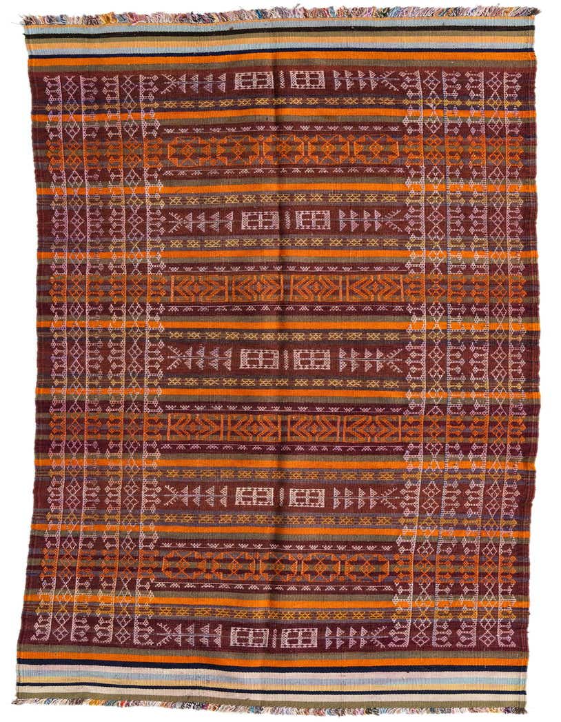 A 10 ft runner rug with a multi-colored tribal pattern, featuring shades of orange, brown, and purple with intricate geometric designs and fringe.