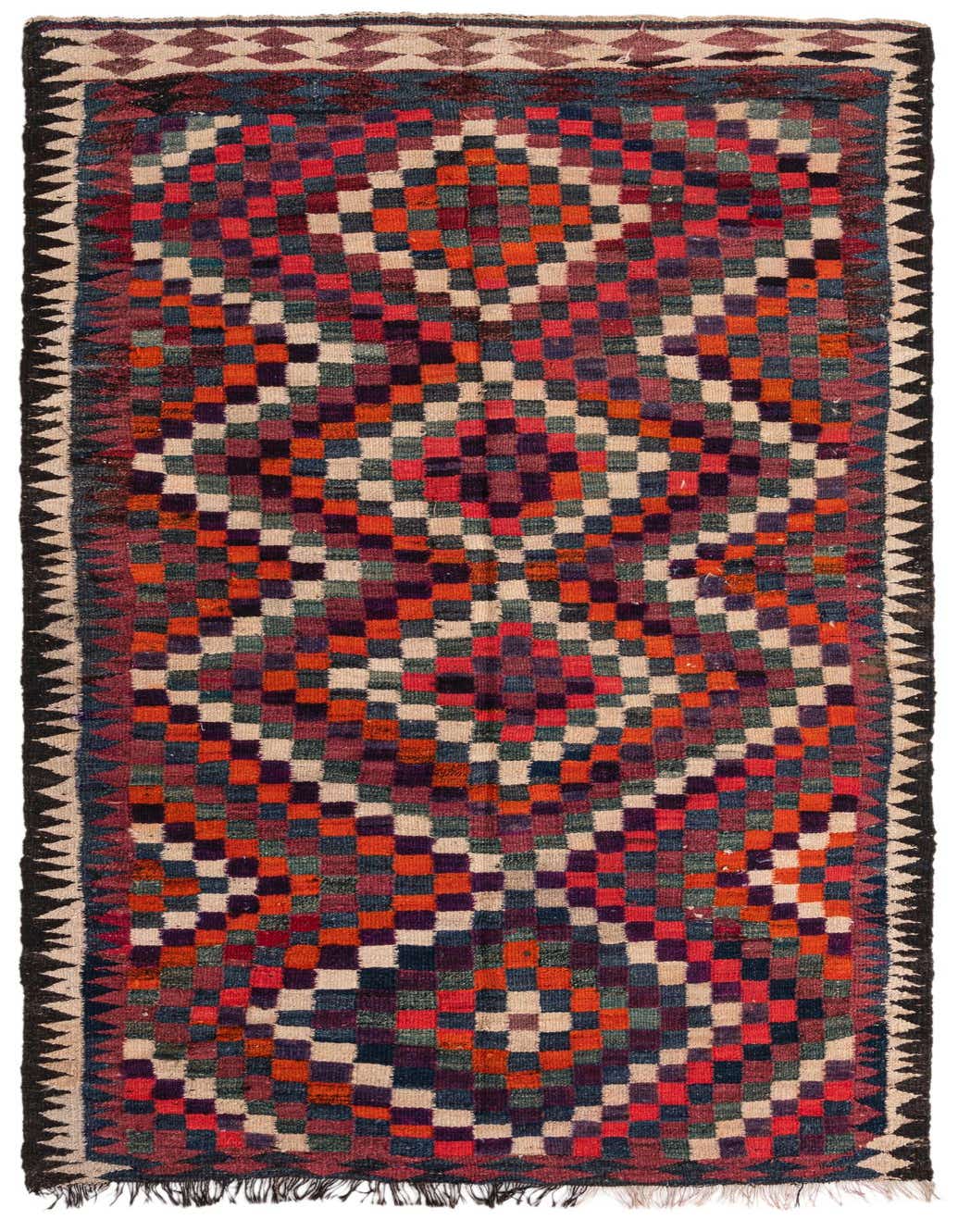 A 10 ft multi-colored runner rug with a checkered pattern in various warm and cool tones, featuring tribal borders.