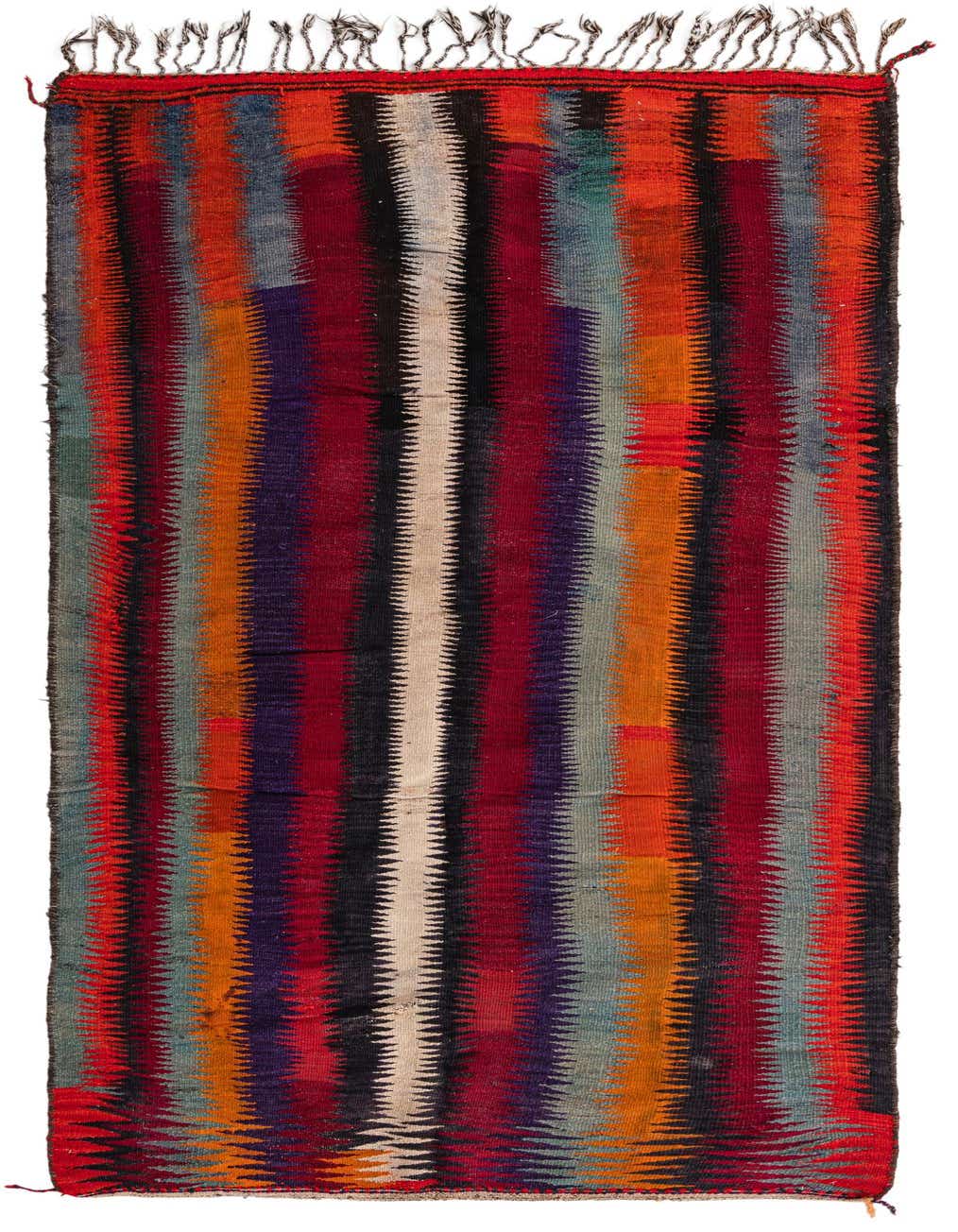 A vibrant 11 ft multi-colored wool runner rug with vertical stripes in Persian, Southwestern, and Tribal patterns, ideal for a hallway.