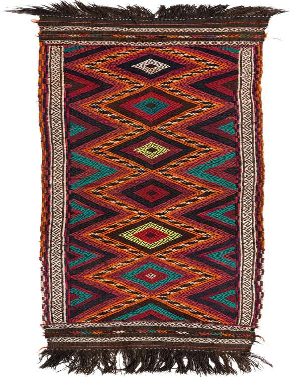 A vibrant 8 ft multi-colored Kilim Fars runner rug with tribal geometric patterns and fringes, ideal for a hallway or kitchen.