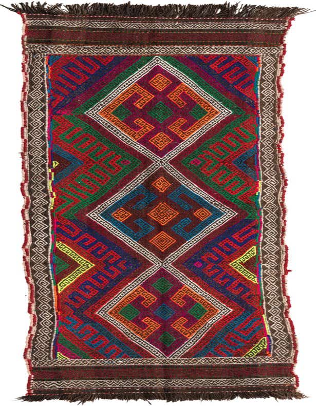 A vibrant 8 ft runner rug with a multi-colored geometric and tribal pattern, featuring diamonds and intricate designs, ideal for a hallway or kitchen.