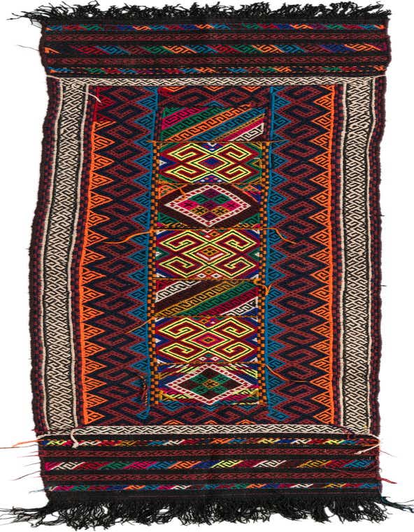 A vibrant 7 ft multi-colored Kilim Fars runner rug with intricate Persian tribal patterns and black fringe.