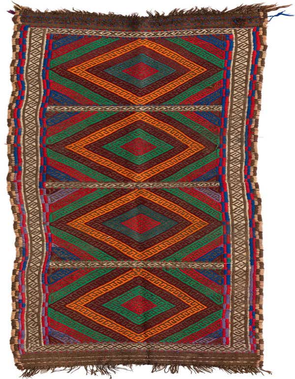 A 7 ft multi-colored wool runner rug with a tribal Persian pattern of nested diamonds and geometric borders, ideal for a hallway.